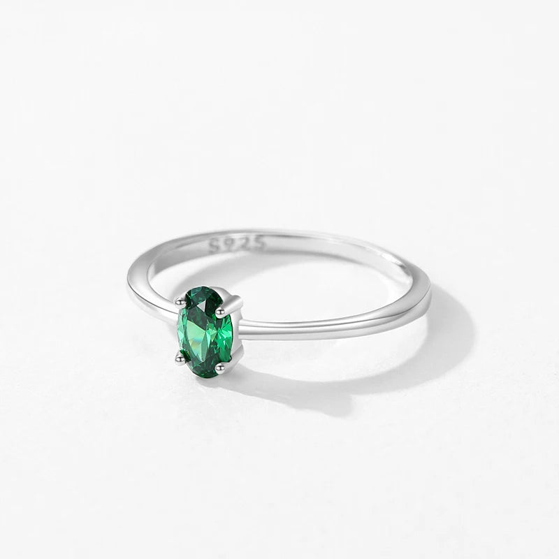 Emerald Oval Solitaire Silver Ring